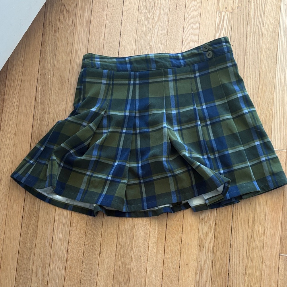 WeWoreWhat Olive Green & Navy Plaid Pleated Mini Skirt